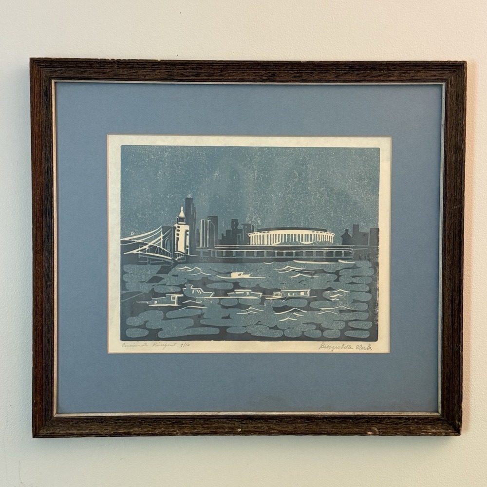 Georgiabelle Clark Cincinnati Riverfront Signed Linocut Woodblock Print 9/10